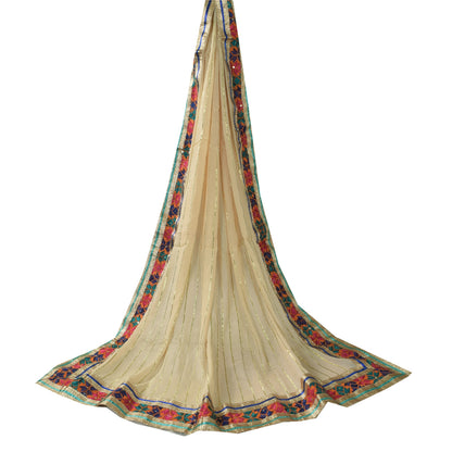 Sanskriti Vintage Ivory Dupatta Long Stole Pure Chiffon Woven Premium Wrap Veil