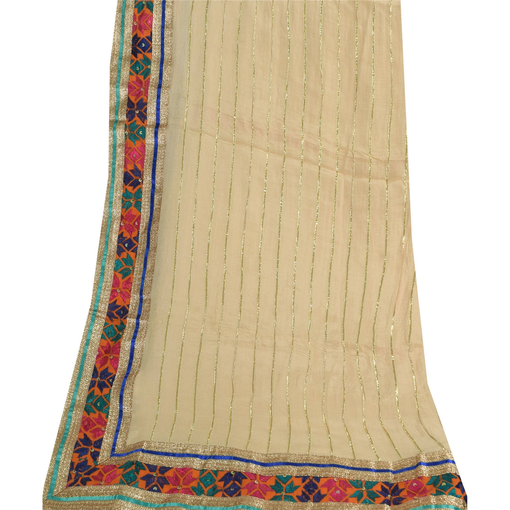 Sanskriti Vintage Ivory Dupatta Long Stole Pure Chiffon Woven Premium Wrap Veil