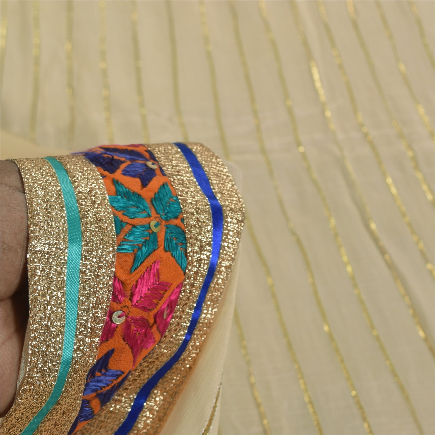 Sanskriti Vintage Ivory Dupatta Long Stole Pure Chiffon Woven Premium Wrap Veil