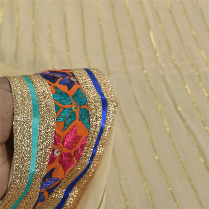 Sanskriti Vintage Ivory Dupatta Long Stole Pure Chiffon Woven Premium Wrap Veil