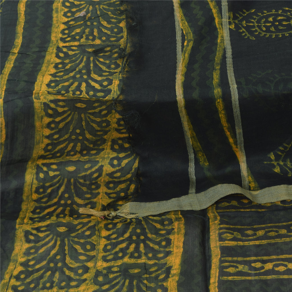 Sanskriti Vintage Long Dupatta/Scarf Green & Yellow Cotton Silk Hand Block Printed Stole Veil Used Head Stole Neck Head Stole Shawl