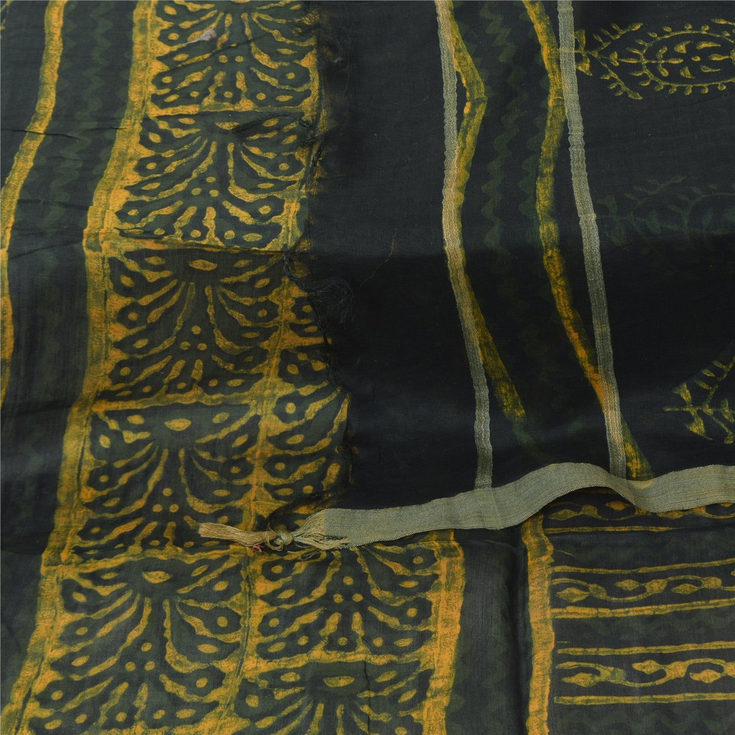 Sanskriti Vintage Long Dupatta/Stole Green/Yellow Hand Block Printed Scarf Veil