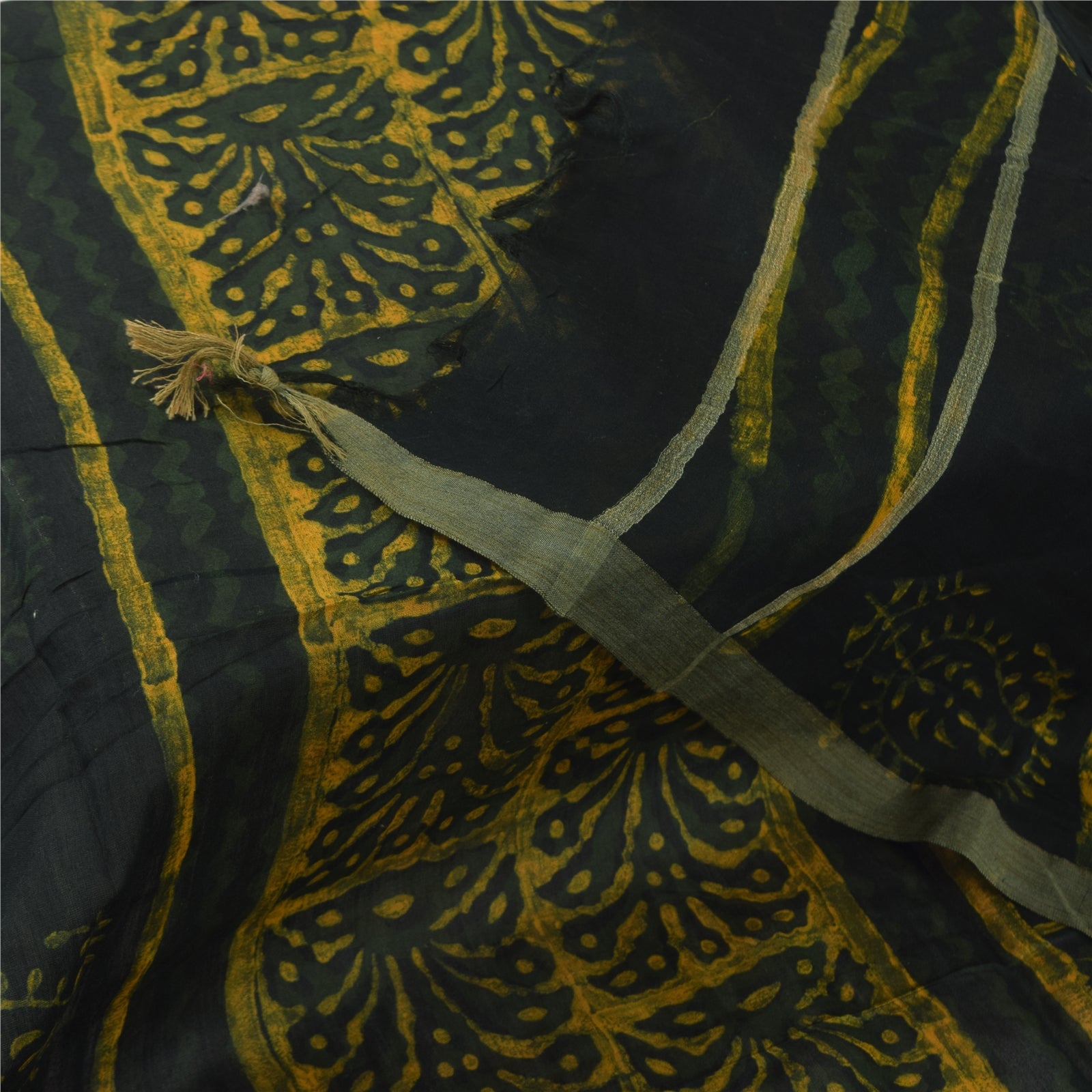 Sanskriti Vintage Long Dupatta/Scarf Green & Yellow Cotton Silk Hand Block Printed Stole Veil Used Head Stole Neck Head Stole Shawl