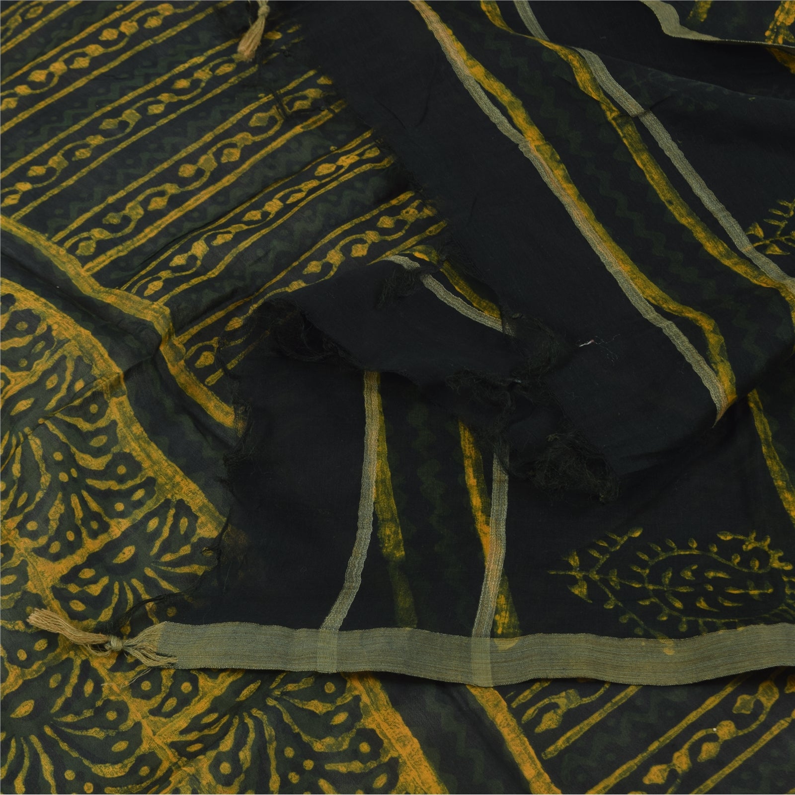 Sanskriti Vintage Long Dupatta/Scarf Green & Yellow Cotton Silk Hand Block Printed Stole Veil Used Head Stole Neck Head Stole Shawl