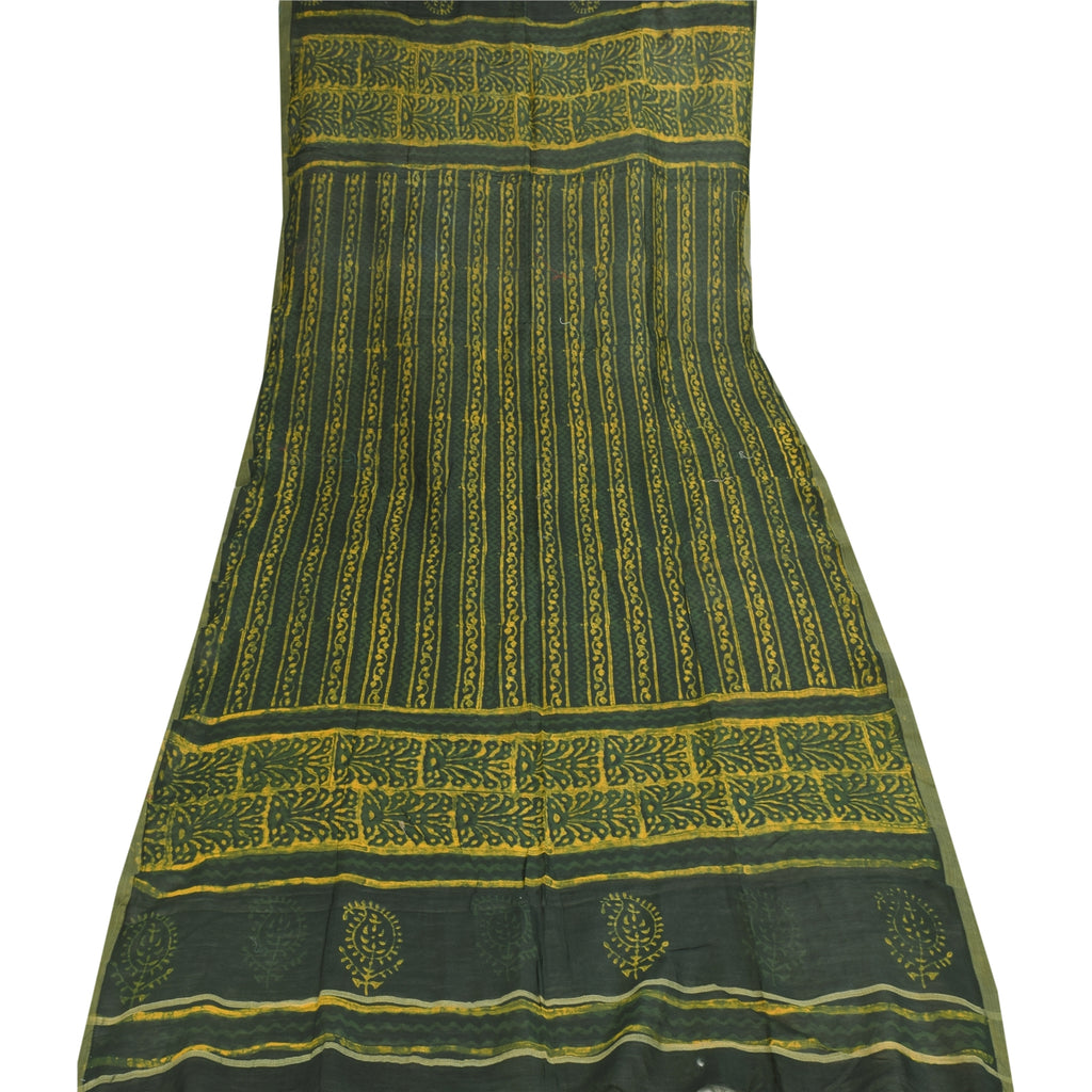 Sanskriti Vintage Long Dupatta/Scarf Green & Yellow Cotton Silk Hand Block Printed Stole Veil Used Head Stole Neck Head Stole Shawl