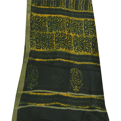 Sanskriti Vintage Long Dupatta/Stole Green/Yellow Hand Block Printed Scarf Veil