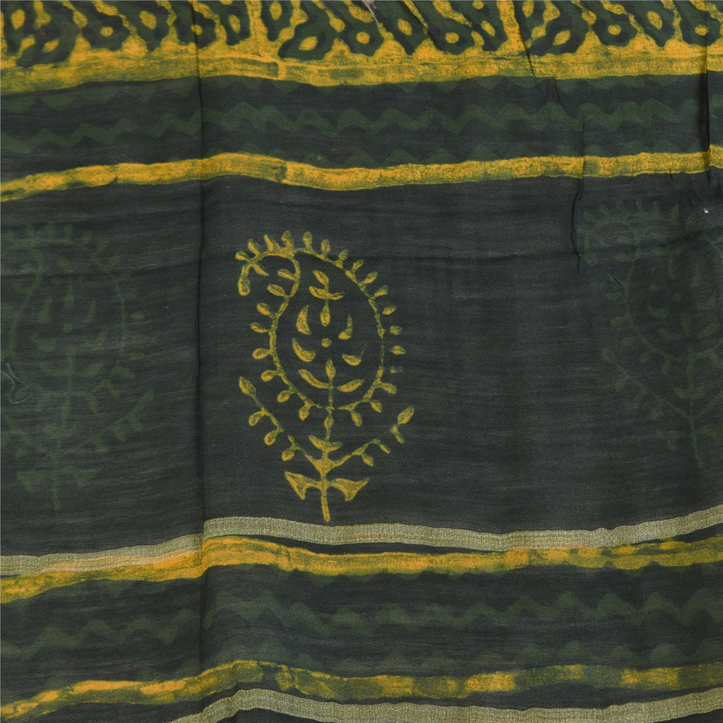 Sanskriti Vintage Long Dupatta/Scarf Green & Yellow Cotton Silk Hand Block Printed Stole Veil Used Head Stole Neck Head Stole Shawl