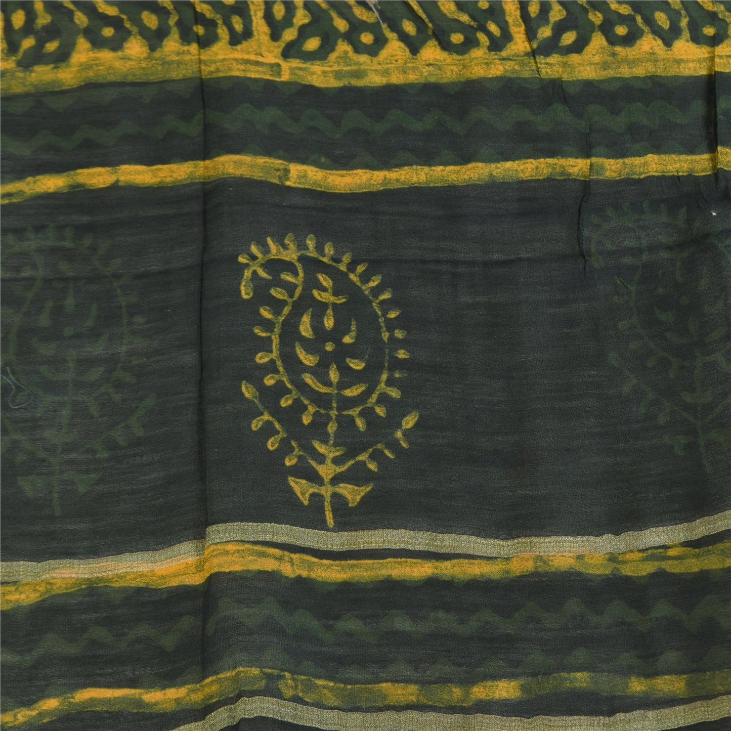 Sanskriti Vintage Long Dupatta/Stole Green/Yellow Hand Block Printed Scarf Veil