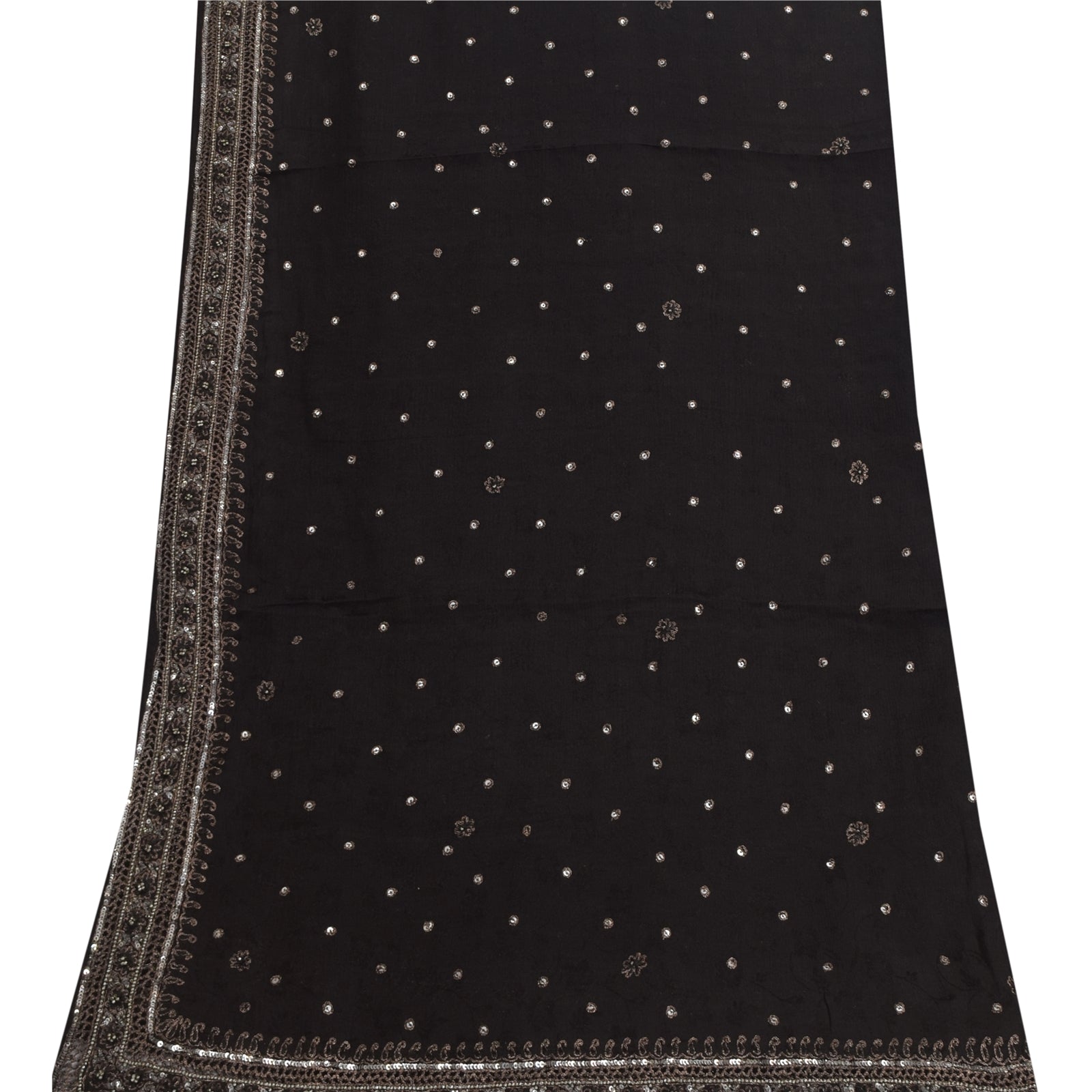 Sanskriti Vintage Long Dupatta/Stole Pure Georgette Black Hand Beaded Scarf Veil