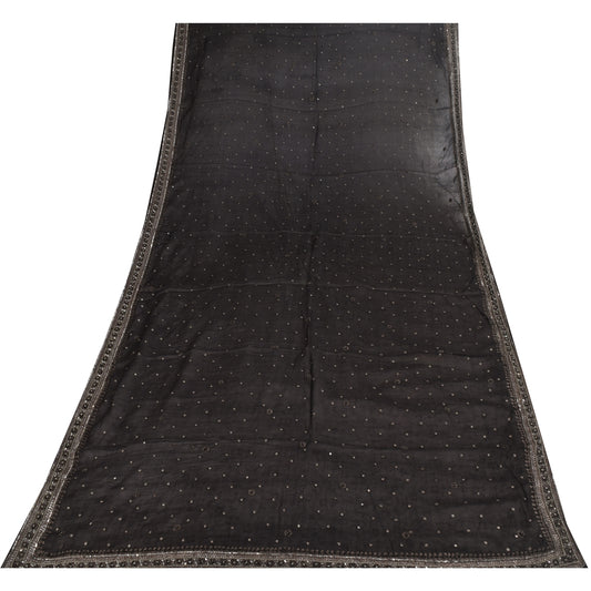 Sanskriti Vintage Long Dupatta/Stole Pure Georgette Black Hand Beaded Scarf Veil