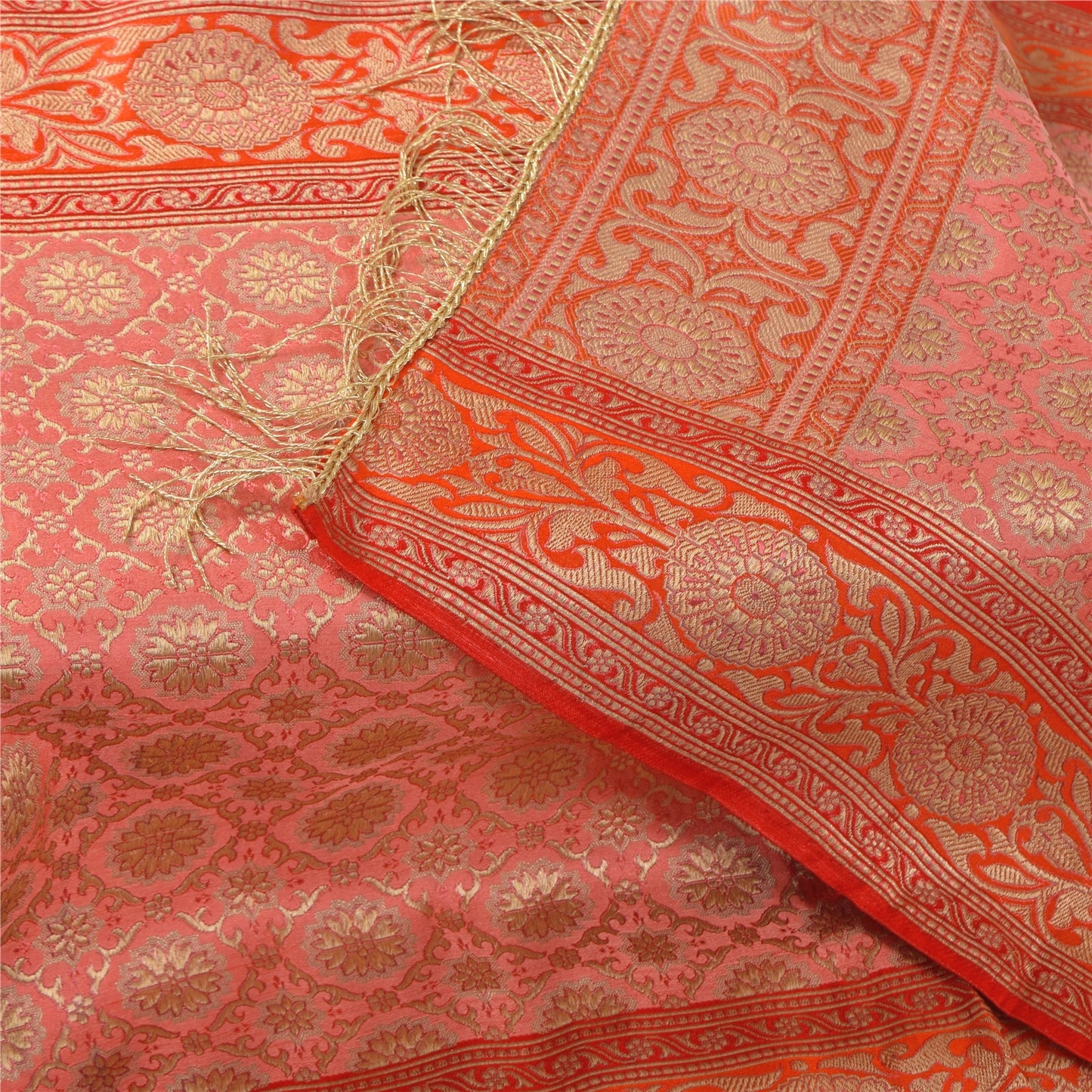 Sanskriti Vintage Long Dupatta/Stole Pink Artificial Silk Hand Woven Scarf Veil