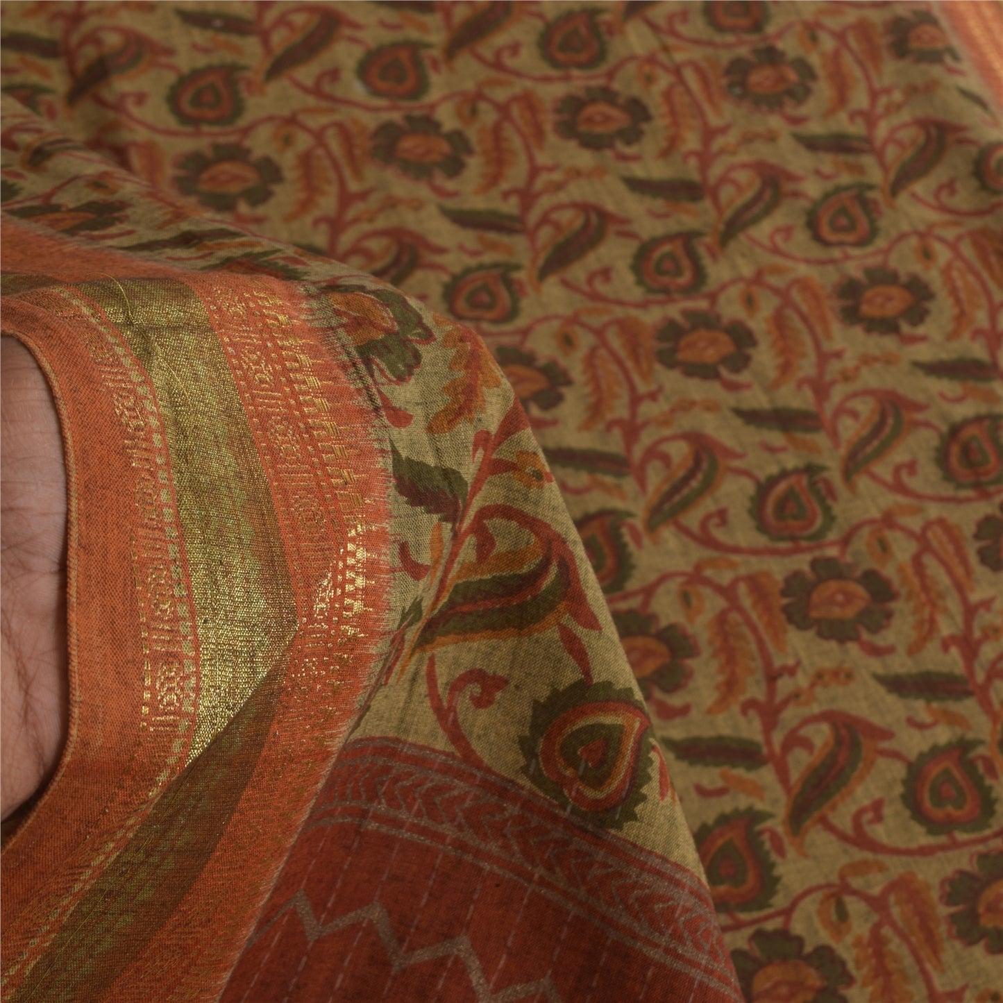 Sanskriti Vintage Beige Dupatta Long Stole Pure Cotton Printed Woven Wrap Hijab