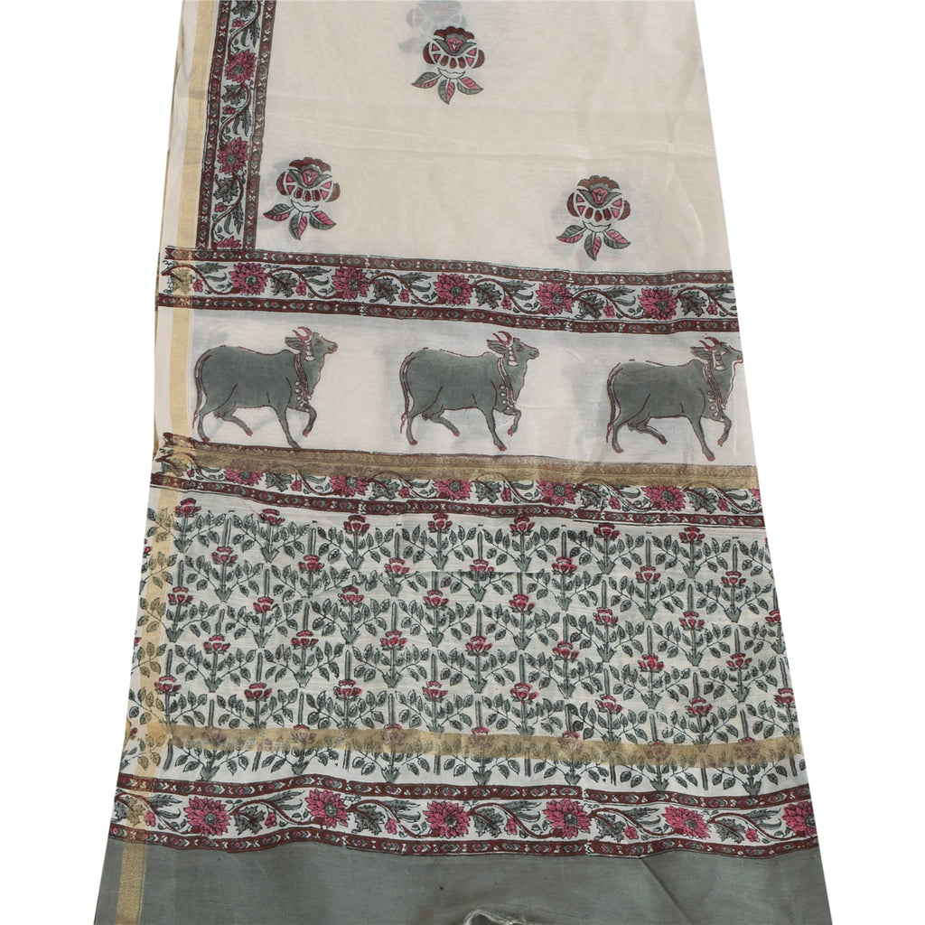 Sanskriti Vintage Long Dupatta/Stole Cotton Silk White Hand Block Printed Veil