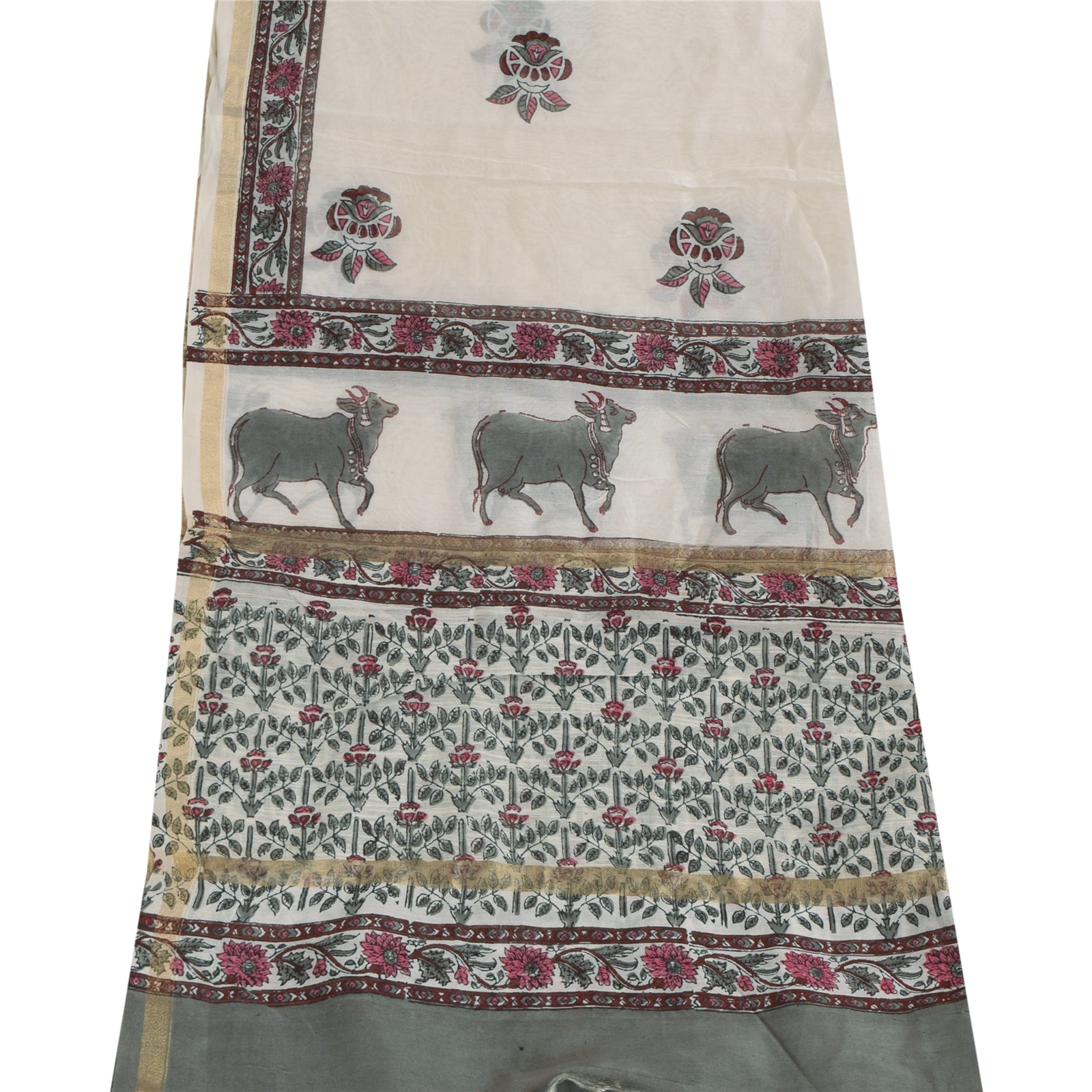 Sanskriti Vintage Long Dupatta/Stole Cotton Silk White Hand Block Printed Veil