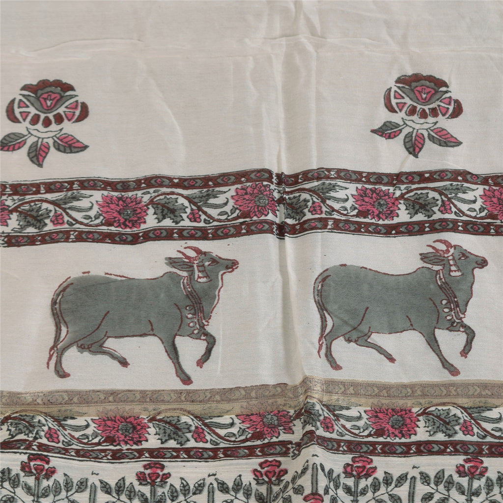 Sanskriti Vintage Long Dupatta/Stole Cotton Silk White Hand Block Printed Veil