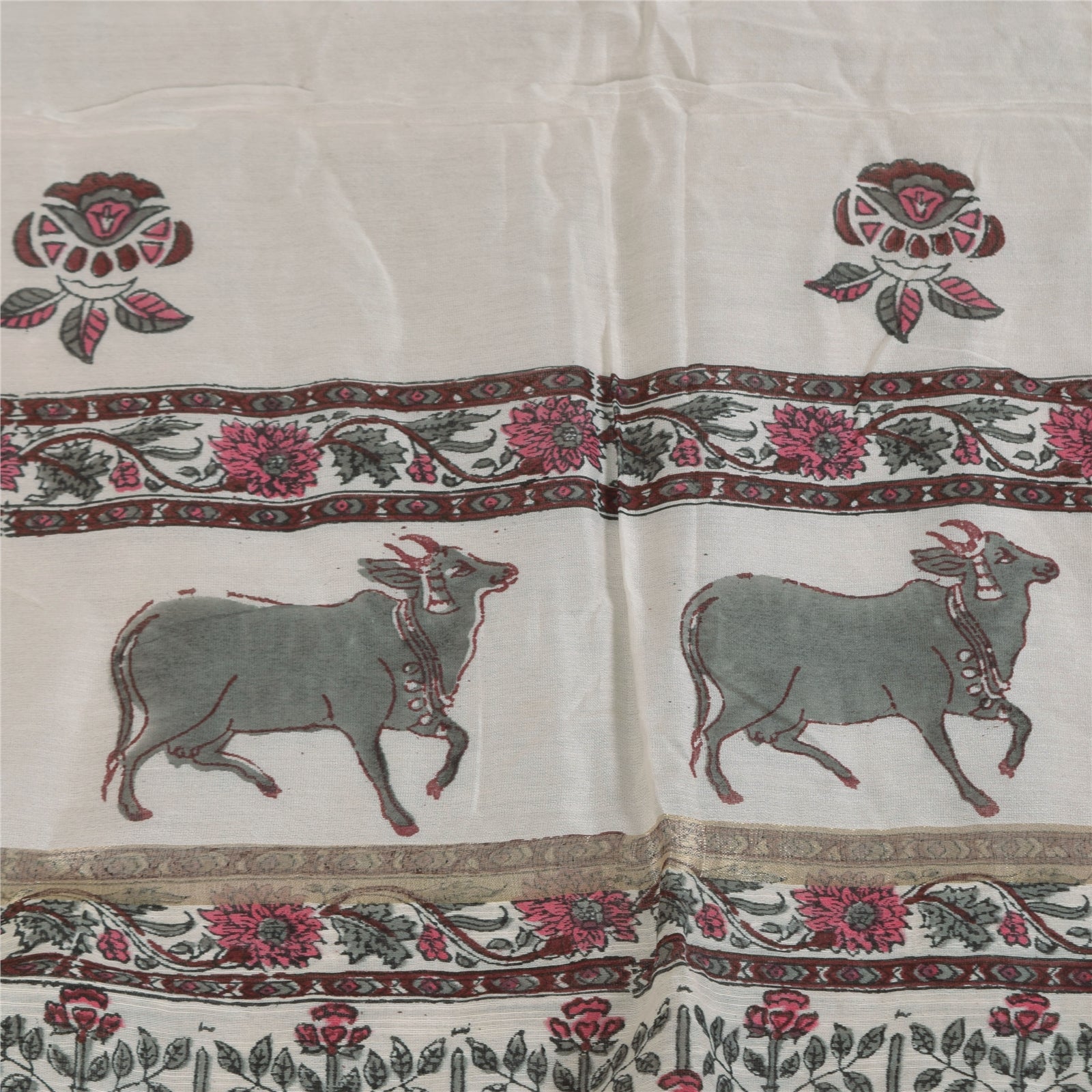 Sanskriti Vintage Long Dupatta/Stole Cotton Silk White Hand Block Printed Veil