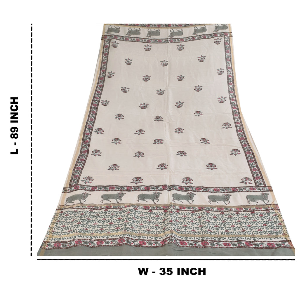 Sanskriti Vintage Long Dupatta/Stole Cotton Silk White Hand Block Printed Veil