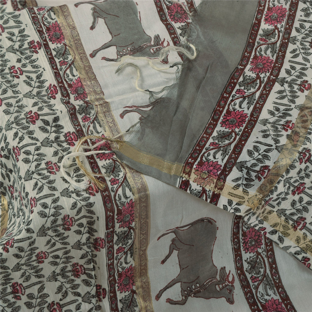 Sanskriti Vintage Long Dupatta/Stole Cotton Silk White Hand Block Printed Veil