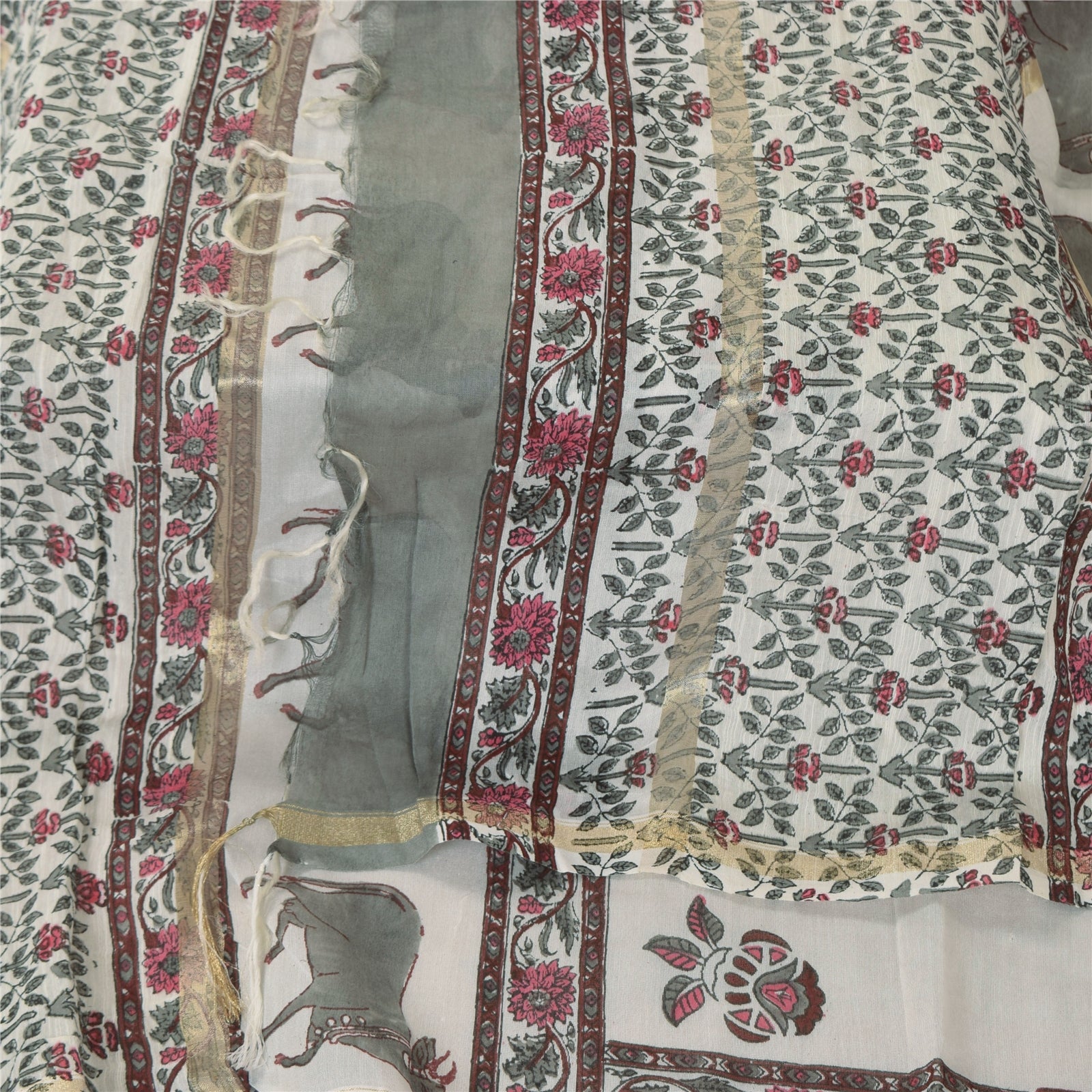 Sanskriti Vintage Long Dupatta/Stole Cotton Silk White Hand Block Printed Veil
