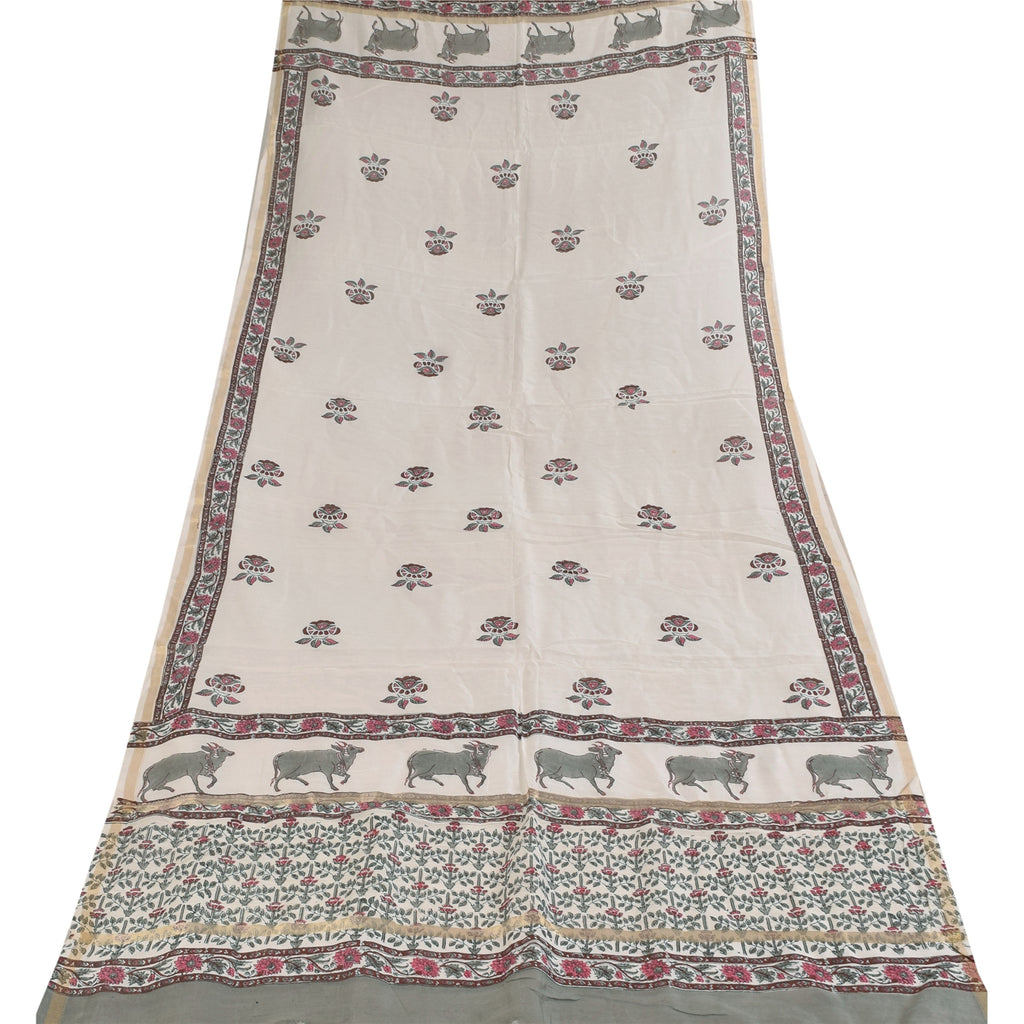 Sanskriti Vintage Long Dupatta/Stole Cotton Silk White Hand Block Printed Veil