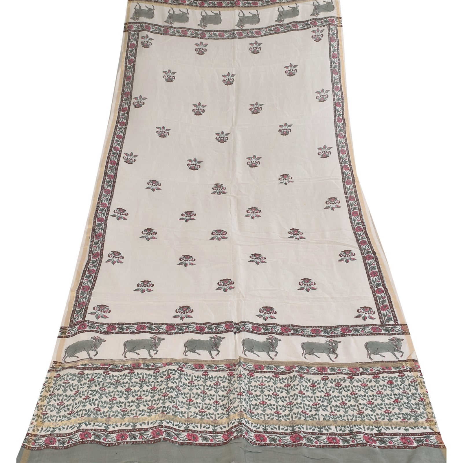 Sanskriti Vintage Long Dupatta/Stole Cotton Silk White Hand Block Printed Veil