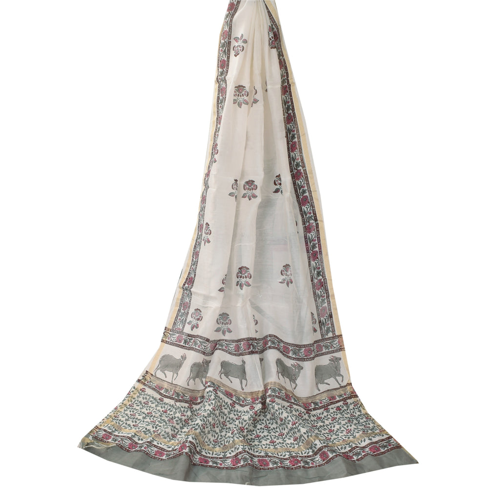 Sanskriti Vintage Long Dupatta/Stole Cotton Silk White Hand Block Printed Veil