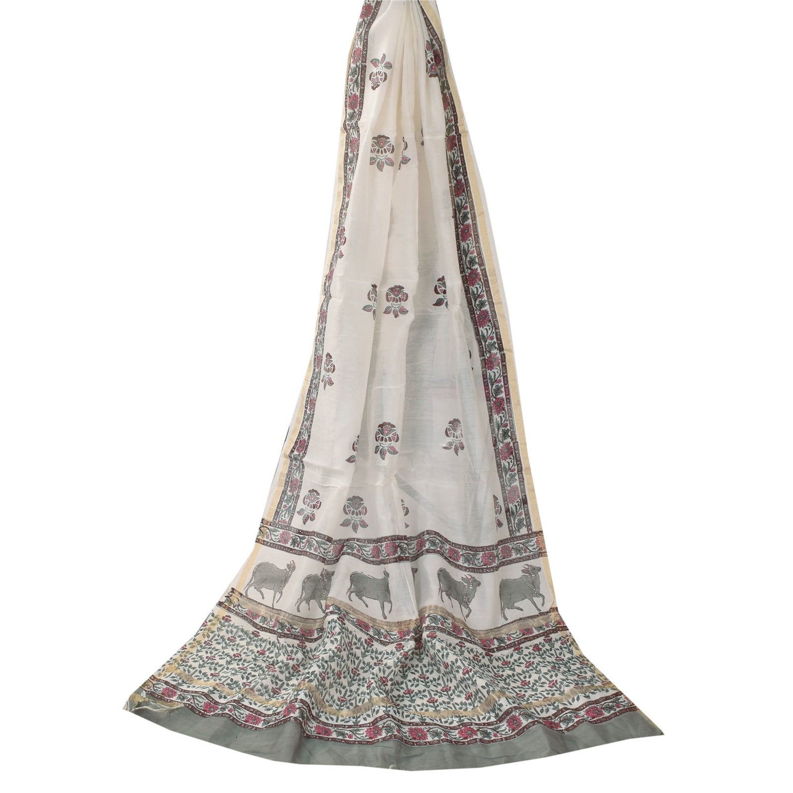 Sanskriti Vintage Long Dupatta/Stole Cotton Silk White Hand Block Printed Veil