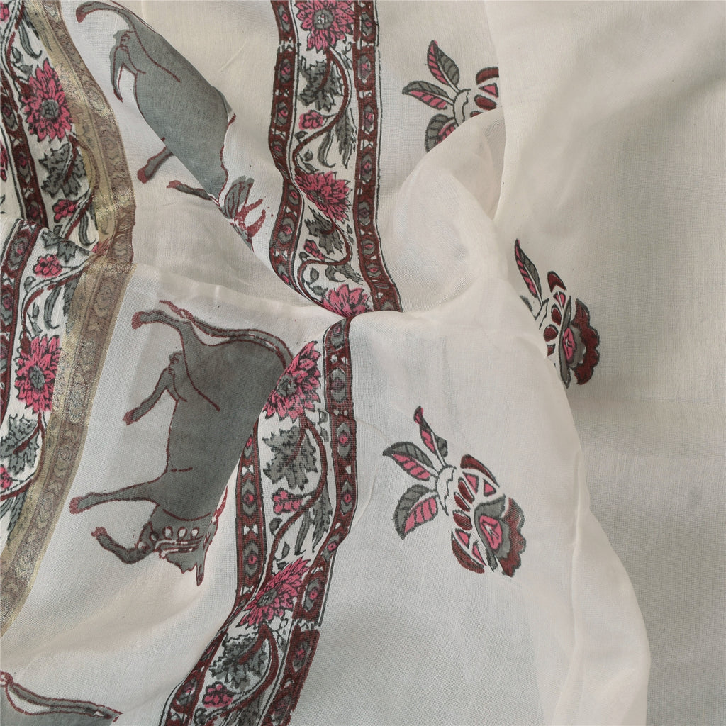 Sanskriti Vintage Long Dupatta/Stole Cotton Silk White Hand Block Printed Veil