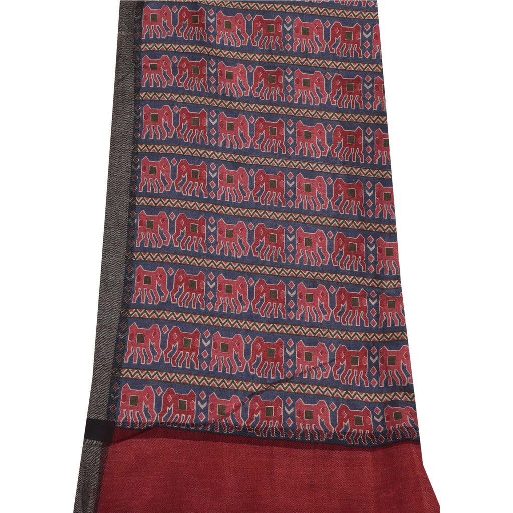 Sanskriti Vintage Long Dupatta/Stole Pure Woolen Blue/Red Elephant printed Veil