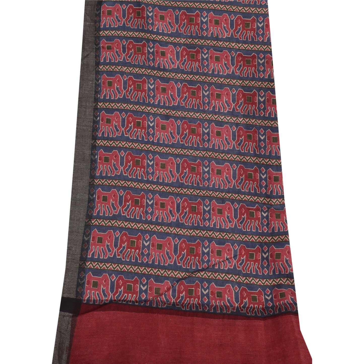 Sanskriti Vintage Long Dupatta/Stole Pure Woolen Blue/Red Elephant printed Veil