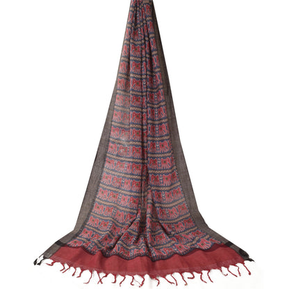 Sanskriti Vintage Long Dupatta/Stole Pure Woolen Blue/Red Elephant printed Veil