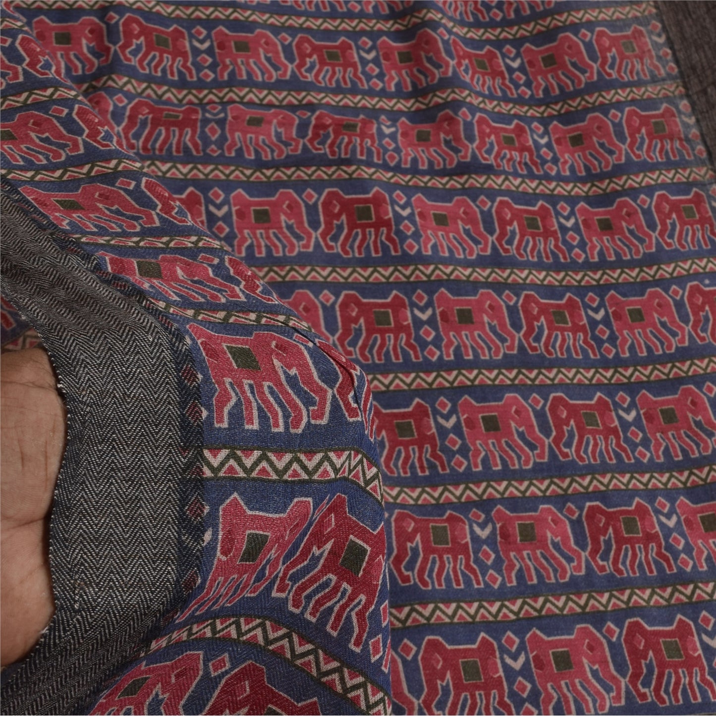 Sanskriti Vintage Long Dupatta/Stole Pure Woolen Blue/Red Elephant printed Veil