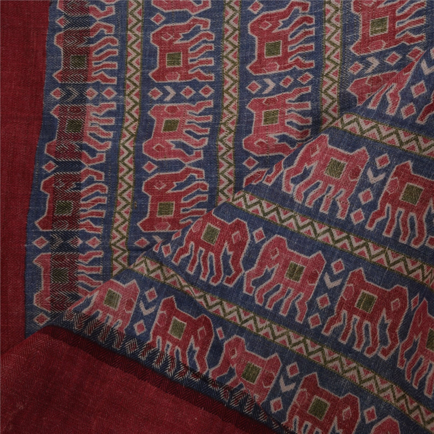 Sanskriti Vintage Long Dupatta/Stole Pure Woolen Blue/Red Elephant printed Veil