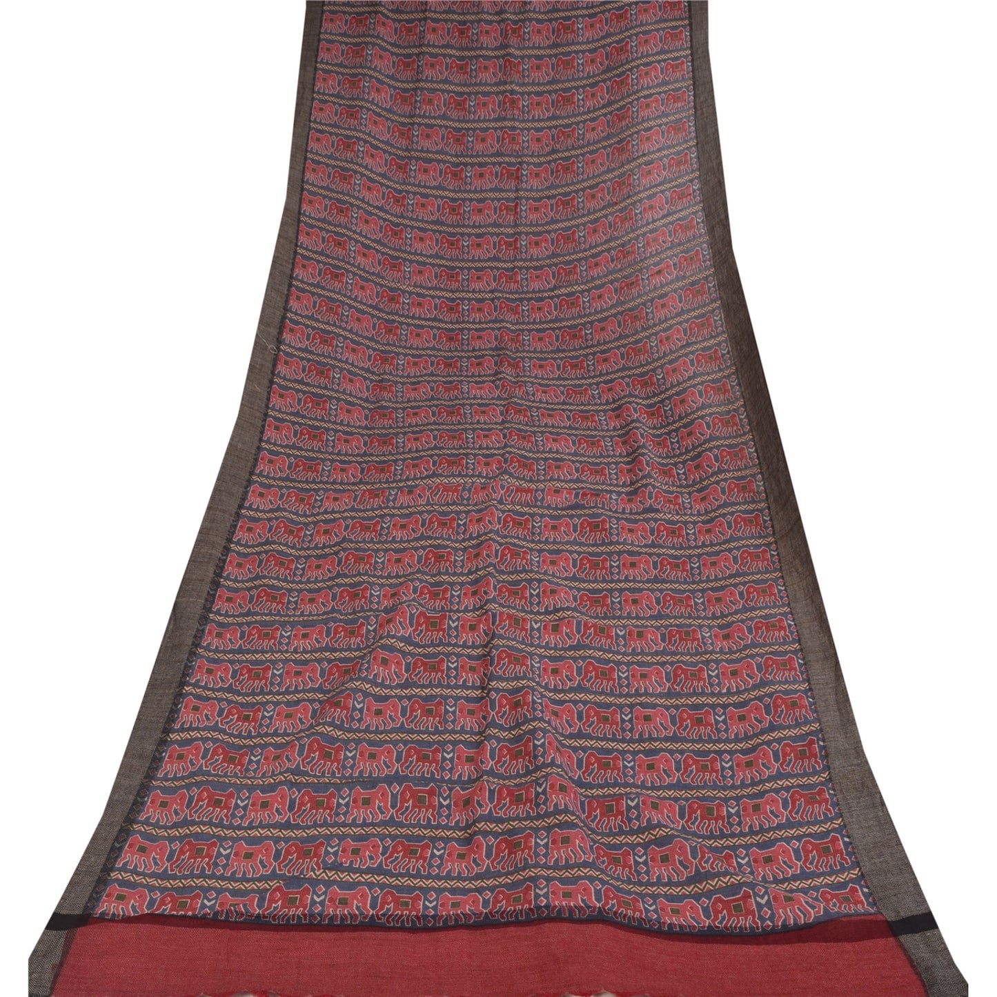 Sanskriti Vintage Long Dupatta/Stole Pure Woolen Blue/Red Elephant printed Veil