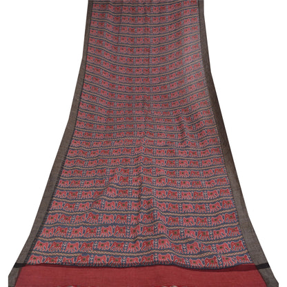 Sanskriti Vintage Long Dupatta/Stole Pure Woolen Blue/Red Elephant printed Veil