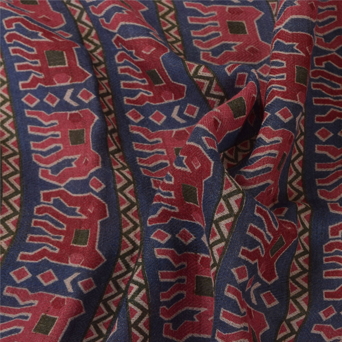 Sanskriti Vintage Long Dupatta/Stole Pure Woolen Blue/Red Elephant printed Veil