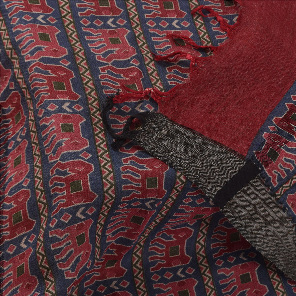 Sanskriti Vintage Lang Dupatta/Stola Ren Uld Blå/Rød Elefantprintet Slør