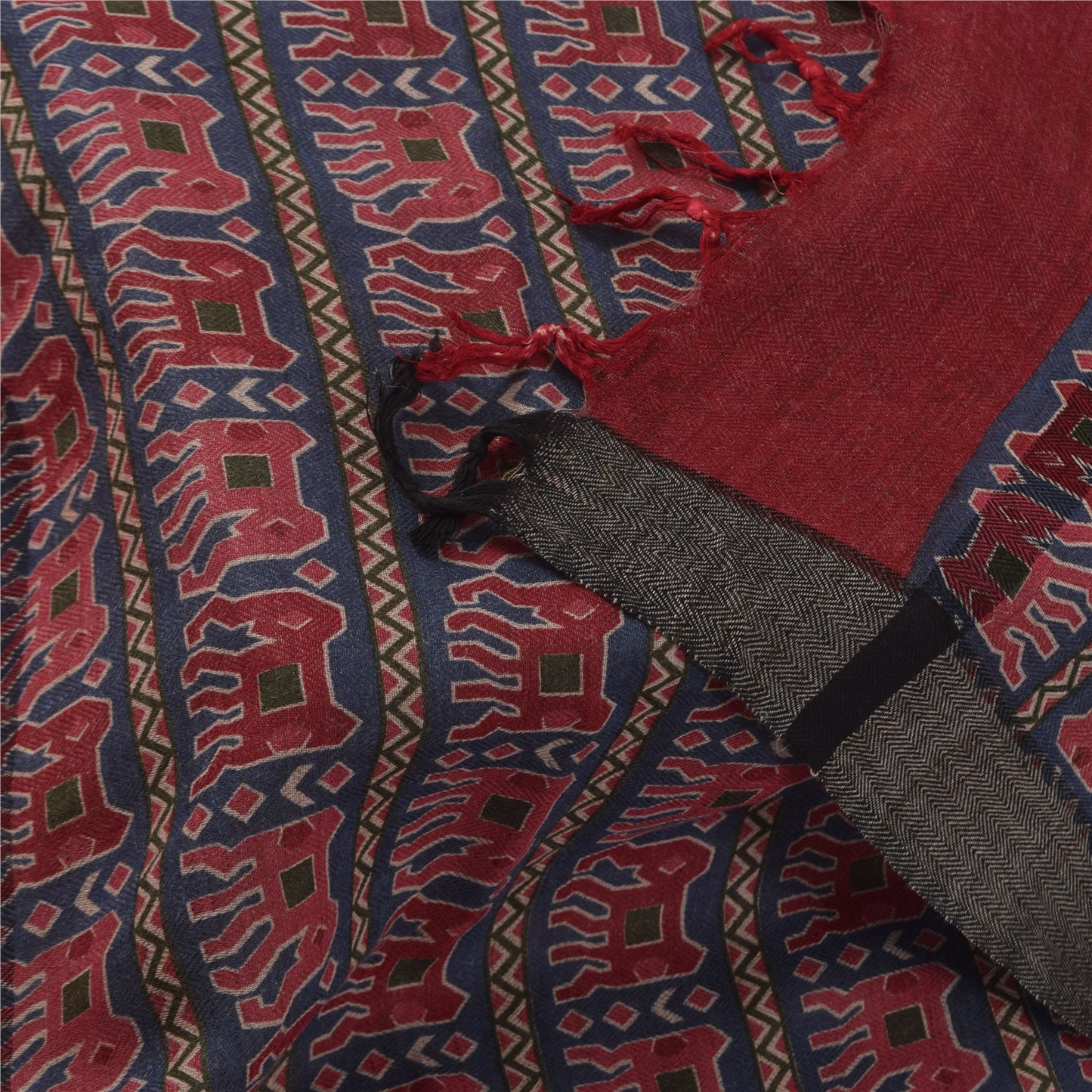 Sanskriti Vintage Long Dupatta/Stole Pure Woolen Blue/Red Elephant printed Veil