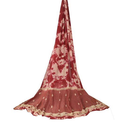Sanskriti Vintage Red Dupatta Long Stole Pure Silk Hand Beaded Batik Wrap Veil