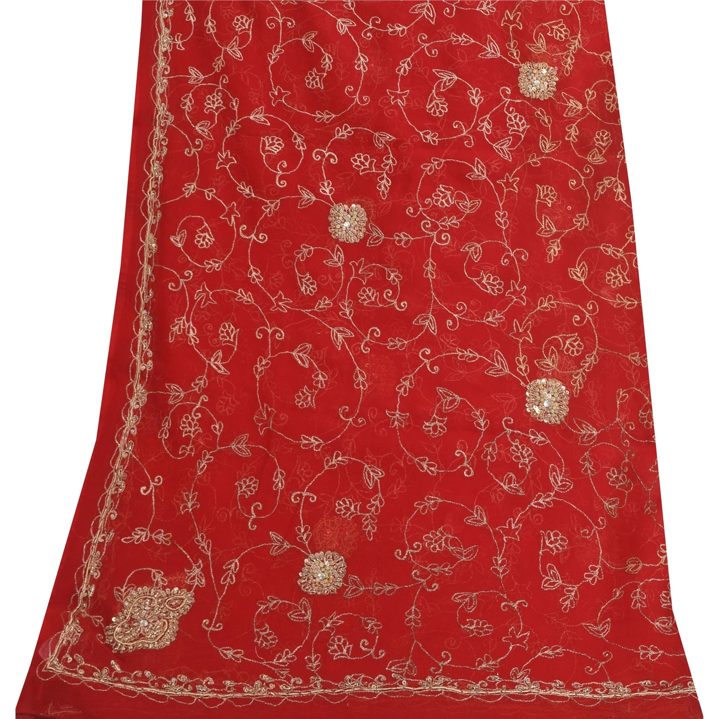 Sanskriti Vintage Red Dupatta Long Stole Pure Georgette Hand Beaded Wrap Scarves
