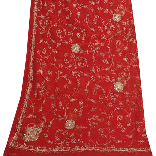Sanskriti Vintage Red Dupatta Long Stole Pure Georgette Hand Beaded Wrap Scarves