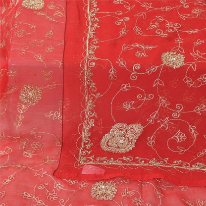 Sanskriti Vintage Red Dupatta Long Stole Pure Georgette Hand Beaded Wrap Scarves