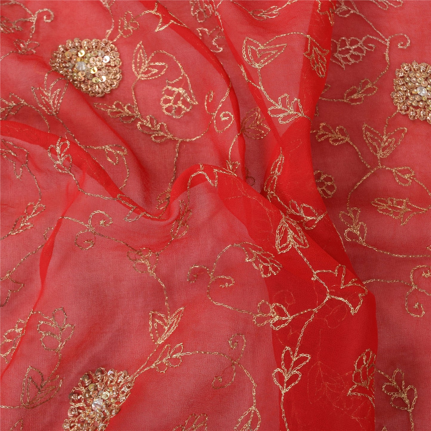 Sanskriti Vintage Red Dupatta Long Stole Pure Georgette Hand Beaded Wrap Scarves