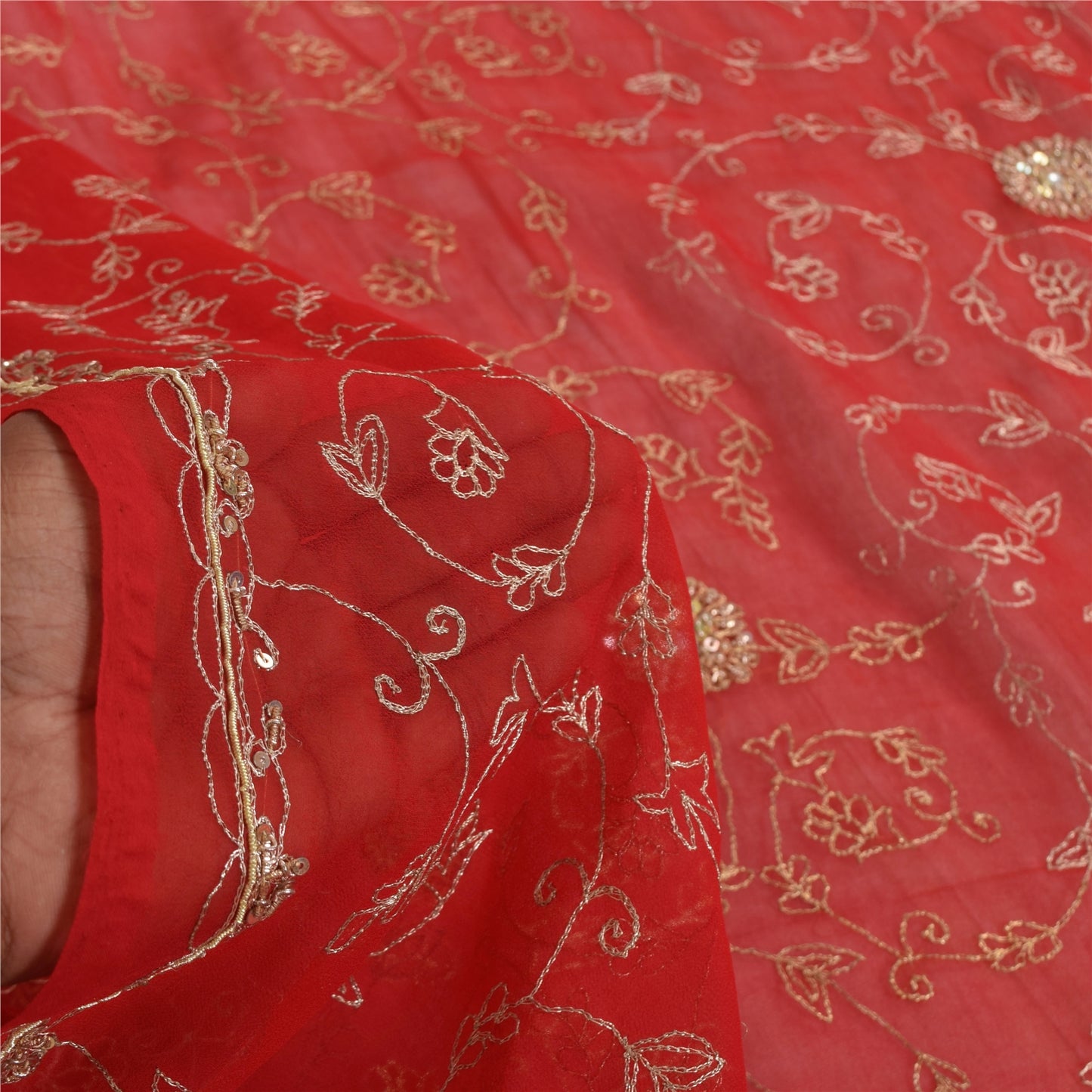 Sanskriti Vintage Red Dupatta Long Stole Pure Georgette Hand Beaded Wrap Scarves