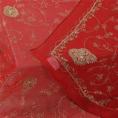 Sanskriti Vintage Red Dupatta Long Stole Pure Georgette Hand Beaded Wrap Scarves