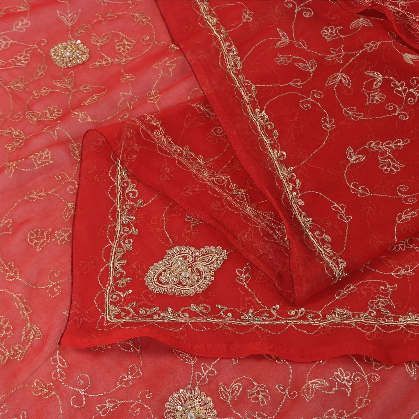 Sanskriti Vintage Red Dupatta Long Stole Pure Georgette Hand Beaded Wrap Scarves