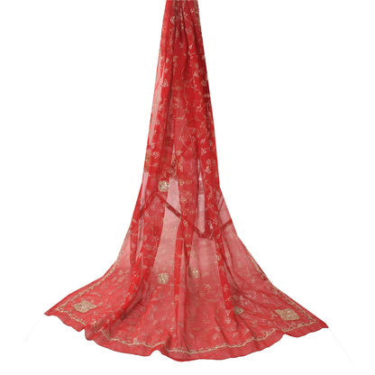 Sanskriti Vintage Red Dupatta Long Stole Pure Georgette Hand Beaded Wrap Scarves