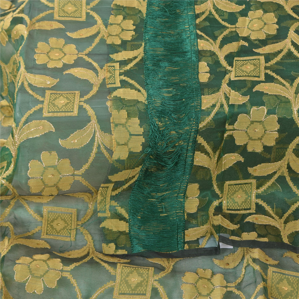 Sanskriti Vintage Green Dupatta Long Stole Pure Silk Hand Beaded Premium Scarves