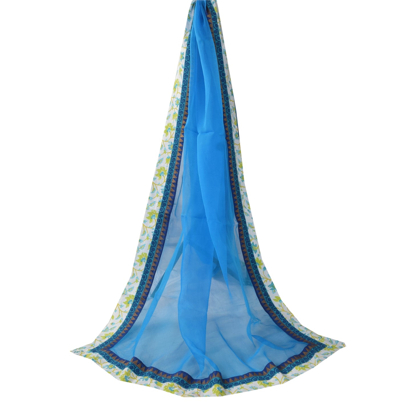 Sanskriti Vintage Long Dupatta/Stole Pure Georgette Blue Solid/Patch Scarf Veil