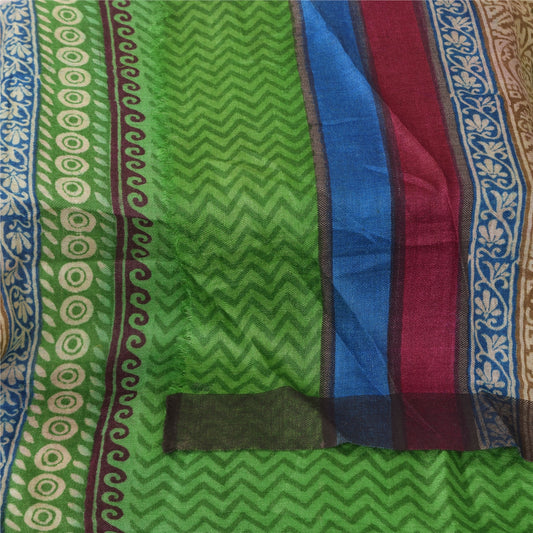 Sanskriti Vintage Lang Dupatta/Stola Ren Uld Grøn Bloktrykt Tørklædeslør